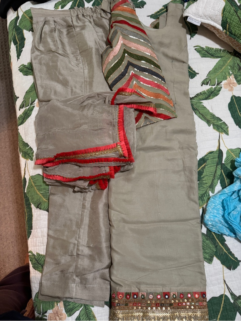 Men's Olive Dress Pants with Embroidered Trim